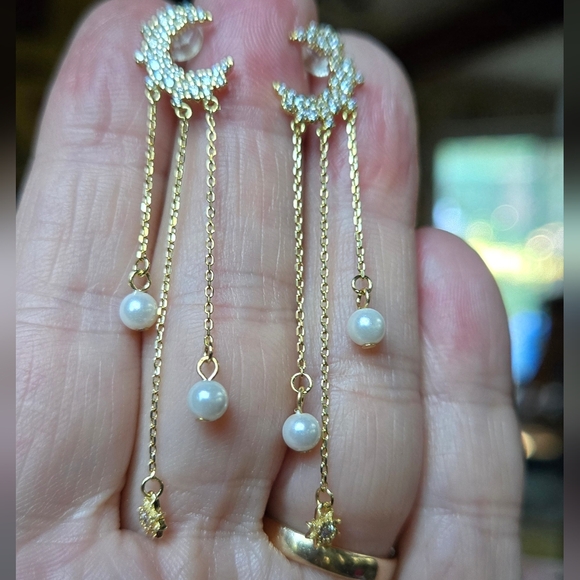 White topaz & pearl Crescent Moon falling star sterling & gold Earrings - Picture 3 of 8